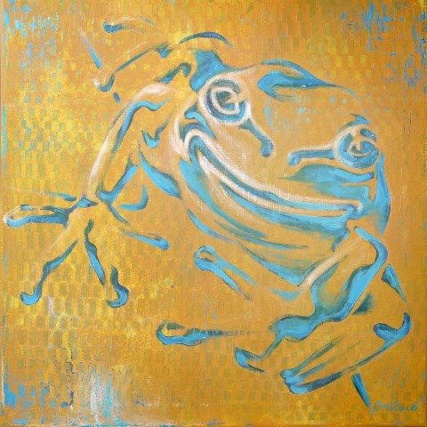 Acrylbild eine stilisierten blauen Frosches vor gelbem Hintergrund